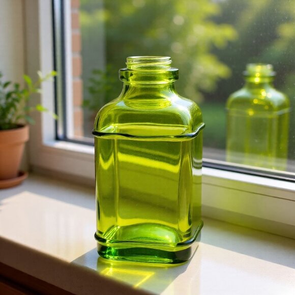 Vintage Olive Green Square Glass Apothecary Bottle Jar Decorative - Picture 2 of 6